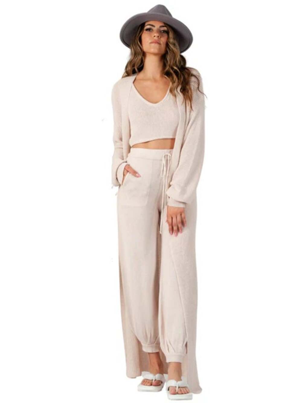 Lucca Oyster Beige Linen Blend Maia V-Neck Knit Crop Tank Top Women's Size Small